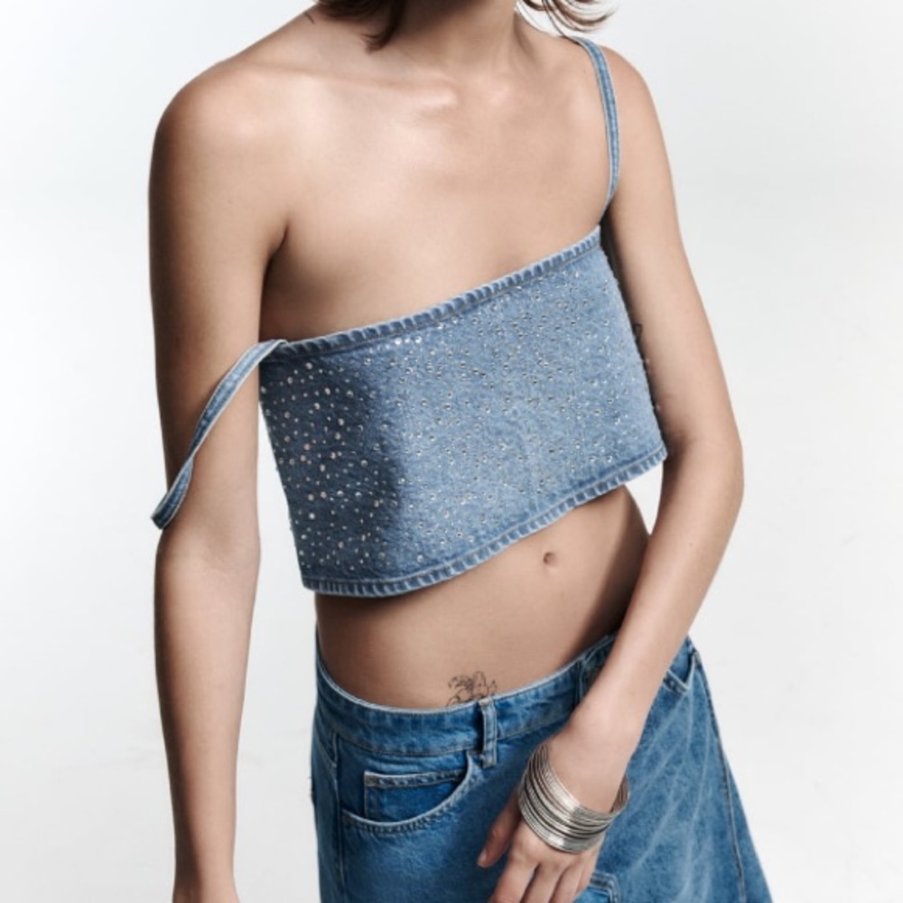 ZARA Rhinestone denim top 💙 - Picture 5 of 10